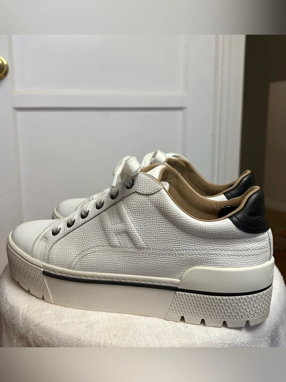 Hermes Voltage Leather Platform H sneakers, wht/blk, H embossed sole, 36(larger)